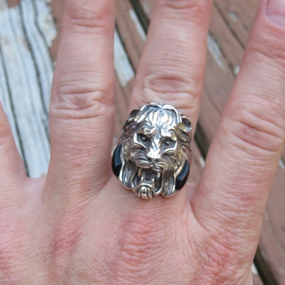 SOLD Vintage 925 Ted Ott BIG Onyx Lion Head Ring - Picture 2 of 8
